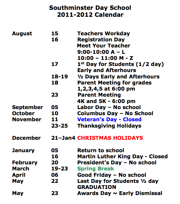 2011-2012 School Calendar